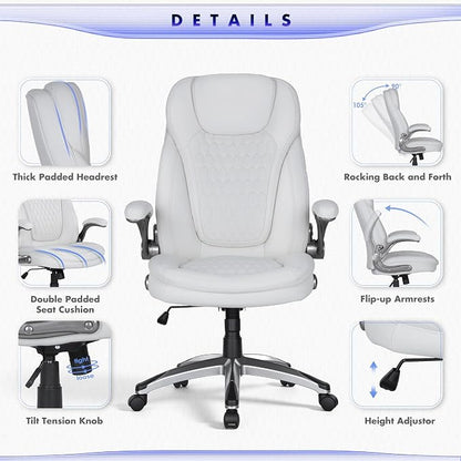 COLAMY High Back Executive Office Chairs Set of 2, Ergonomic PU Leather Desk Chairs with Flip-Up Armrests, Adjustable Height, Lumbar Support, Comfortable Computer Chairs for Home Office, White