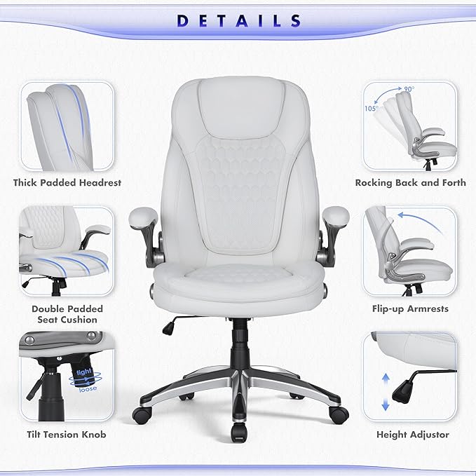 COLAMY Office Chair Ergonomic Desk Chair Set of 2-Executive Office Chair with Upgraded Caters, High Back Computer Chair Flip-up Arms, Swivel Leather Chair for Work/Study, 300lbs, White