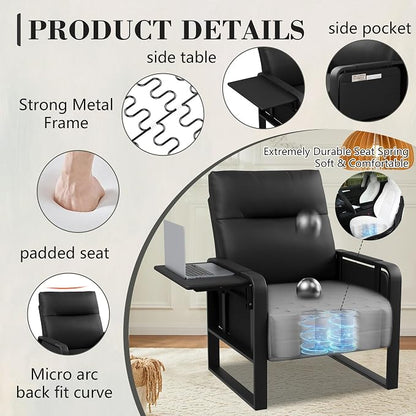Alunaune Upholstered Living Room Chair Armchair, Mid Century Faux Leather Metal Accent Chair, Reception Couch Slipper Club Lounge Chair Guest Comfy Single Sofa with Sidetable for Bedroom-Black