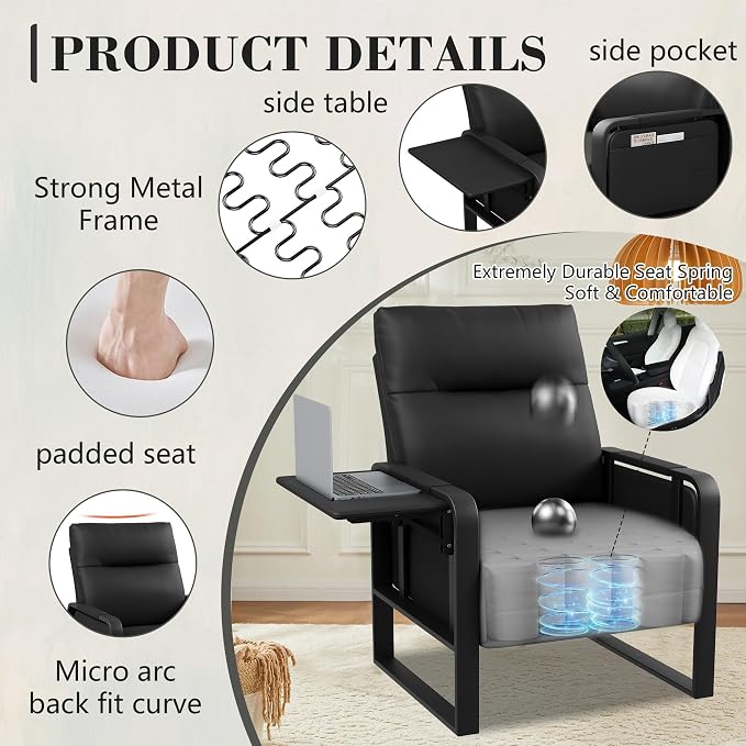 Alunaune Upholstered Living Room Chair Armchair Set of 2, Mid Century Faux Leather Metal Accent Chair, Reception Couch Slipper Club Lounge Chair Guest Comfy Single Sofa with Sidetable-Black