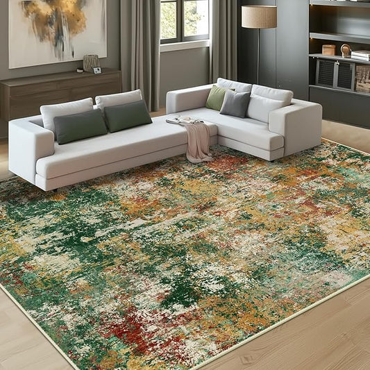 RELEANY Washable Area Rugs 9'x12' Non-Slip Modern Abstract Soft for Living Room Entryway Bedroom Kitchen, Print Pattern, Green Orange Rust Red Cream Colorful
