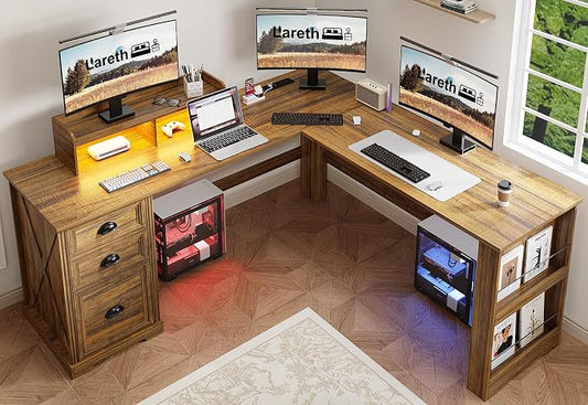 Lareth L Shaped Desk with Monitor Stand Farmhouse Computer Desk with LED Lights, Executive L Corner Desk with Power Outlets, Home Office Desk with Storage File Drawers for Home Working Gaming, Walnut