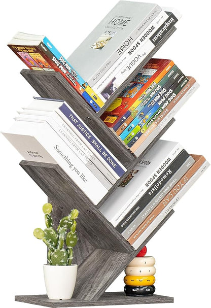 SHEEPAM 5 Tier Tree Book Shelf, Small Desktop Bookshelf with Storage Organizer, Wood Bookcase, Desk Display Bookshelves, Floor Standing Organizer Bookcases for Living Room,Bedroom,Office - Light Grey