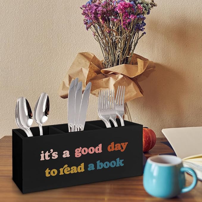 Black Wooden BookmarkPen Pencil Holder Decor for Desk, Book Lover Gifts, It's a Good Day to Read a Book Wood Makeup Brush Toothbrush Holder Organizer for Reading Corner Room Library