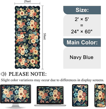 DUKINO 2x5 Washable Runner Rugs, Non Slip Floral Print Entryway Rug with Soft Low Pile, Lightweight Mat for Living Room, Bathroom, Bedroom, Kitchen, Navy Blue