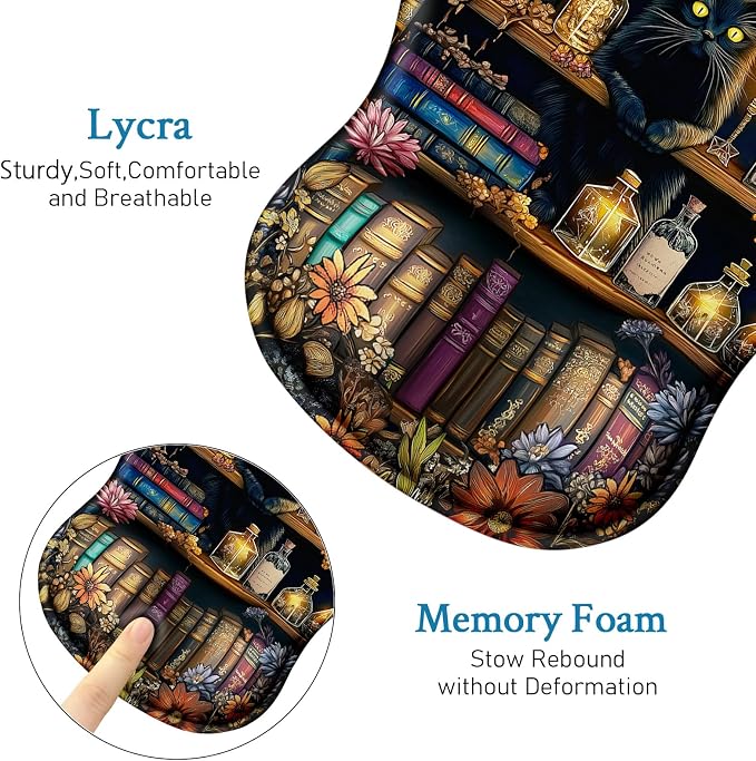 Cat Mouse Pad with Wrist Rest Cute Ergonomic Mousepad Middle Concave Office | Book Wrist Support for Women, Desk Accessories, Gaming, Work, Home, Non-Slip PU Base, for Wireless Mouse Computer Laptop