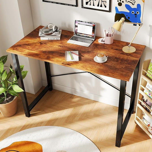 DUMOS 40 Inch Small Computer Desk Writing Gaming Study Work Desks for Bedroom Home Office with Metal Frame Simple Modern PC Table Workstation, Modern Brown