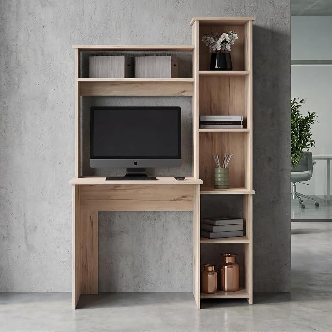 Tuhome Versalles Writing Desk with Two Superior Shelves, Five Side Open Storage Compartments, Space-Saving Modern Workstation Design for Studios and Offices, Ideal for Organization, Books