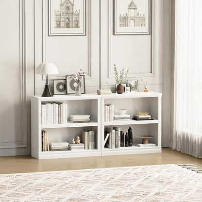blini White Bookshelf and Bookcase Set of 2, Double Wide Large Bookshelves 2 Tier Wooden Bookshelf with Storage Cabinets for Living Room, Home Office, Library (White, 2 - Shelf)
