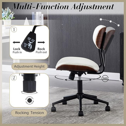 Modern Walnut Home Office Chair，Adjustable Height Desk Chair with Wheels，Armless Computer Chair for Office, Reading Meeting Room, White