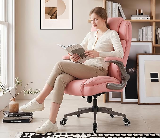 Large High Back Office Chair - Adjustable Lumbar Support Flip Up Arms Heavy Duty Quiet Wheels Metal Base Breathable Bonded Leather Ergonomic Executive Computer Desk Chair with Storage Bags, Pink