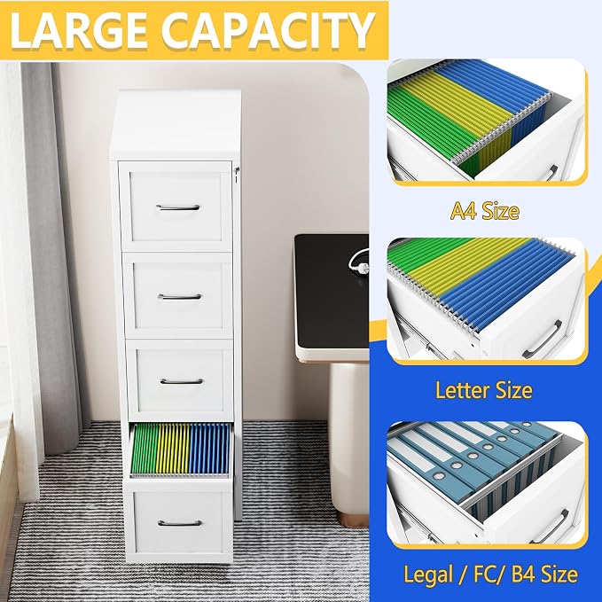 GAIOUS Metal Vertical File Cabinet with Lock, Home Office 4 Drawer Cabinet | 4 Drawer Filing Cabinet, Beside Desk File Cabinet, White Lockable Storage Cabinet, Fits Letter/Legal/A4 Size