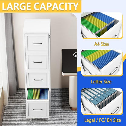 GAIOUS Metal Vertical File Cabinet with Lock, Home Office 4 Drawer Cabinet | 4 Drawer Filing Cabinet, Beside Desk File Cabinet, White Lockable Storage Cabinet, Fits Letter/Legal/A4 Size