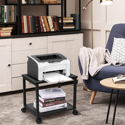 Under Desk Printer Stand - 2-Tier Industrial Mobile Printer Table with Storage Shelf, Heavy Duty Wood Rolling Printer Cart with Wheels for Home and Office,Classic Black