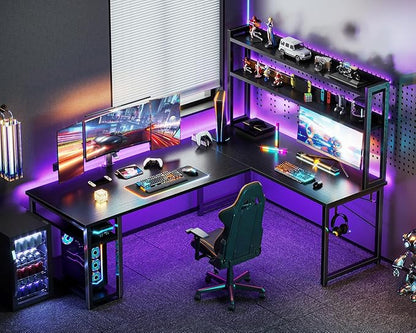 ODK L Shaped Gaming Desk with Hutch, Computer Desk with Storage Shelves, 66" L Shaped Desk for Home Office, Corner Desk with Headphone Hook, Black