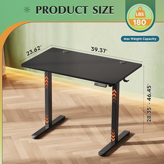 DEVAISE 40 Inch Electric Standing Desk, 3 Adjustable Computer Desk for Home Office, Ergonomic Sit to Stand Desk with LED Touchscreen，Headphone Hook, 3 Memory Preset, with One-Piece Desktop, Black