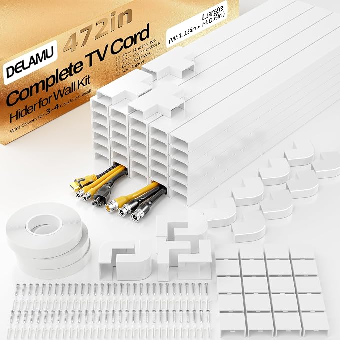 Delamu TV Cord Hider Wall, 472in Cable Hider, Large Cord Covers for 3-4 Wires on Wall, Paintable Cable Raceway to Hide Wires on Wall with 30 Raceways & 37 Accessories, 1.18in W x 0.67in H, White