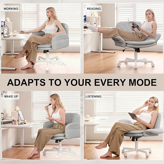Misolant Criss Cross Chair with Armrests & Wheels for Cross-Legged Sitting, Comfortable PU Leather Vanity Chair, Office Desk Chairs with Adjustable Rocking Function, for Home, Bedroom Gray
