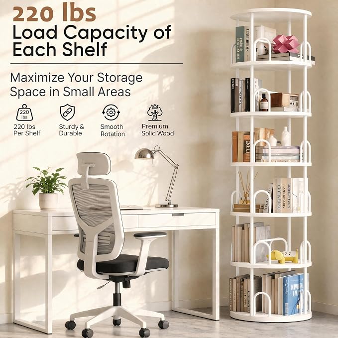 6 Tier Rotating Bookshelf Tower, Standing Tall Corner Wood, White Metal Modern Book Shelf Organizer Retro Vintage Rustic Modern Large Bookshelf Book Display Furniture for Your Home, Office, Kids