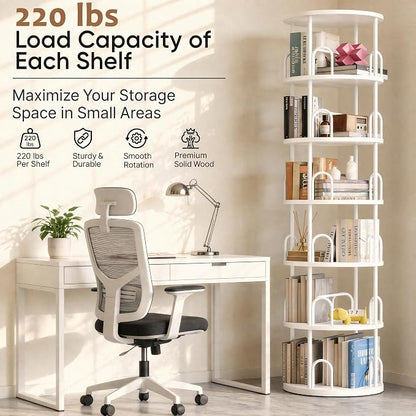 6 Tier Rotating Bookshelf Tower, Standing Tall Corner Wood, White Metal Modern Book Shelf Organizer Retro Vintage Rustic Modern Large Bookshelf Book Display Furniture for Your Home, Office, Kids
