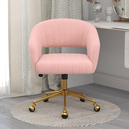 Home Office Chair Swivel Velvet Desk Chair Accent Armchair Upholstered Modern Tufted Chairs with Gold Base for Girls Women Ergonomic Study Seat Computer Task Stools for Living Room(Pink)