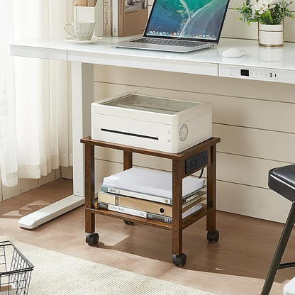 YUFAM 2 Tier Under Desk Printer Stand with Storage, Small Printer Table with Charging Station, Rolling Printer Cart Shelf with Lockable Wheels for Home, Office (Brown)