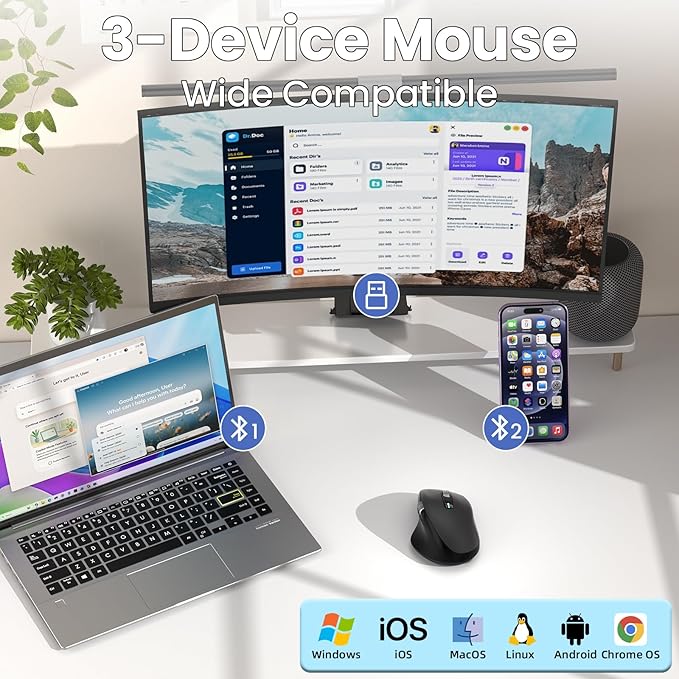 INFINMIND Wireless Side Scroll Mouse with Multi-Device, Ergonomic Computer Mice with Smart Flying Scroll, Quiet Click, 4-Level DPI for Computer, Laptop, iPad, Tablet, MacBook (Grey)