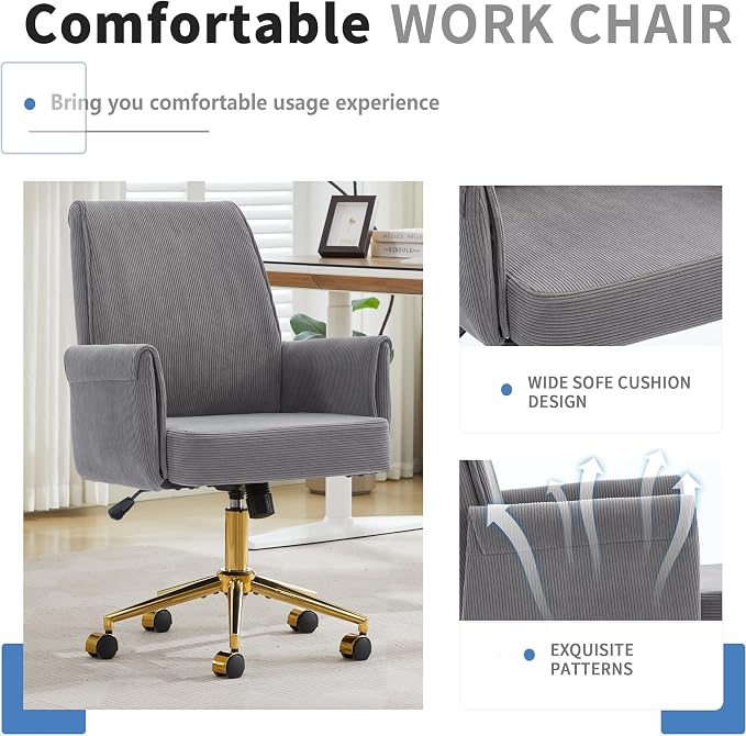 YITAI Stripes Velvet 360°Swivel Desk Chair, Modern Height Adjustable Home Office Armchair with Gold Base and Wheels for Vanity, Comfy Computer Chair for Study Living Room Bedroom（Gray）