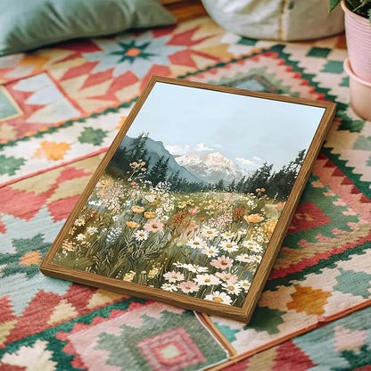Framed Boho Landscape Wall Art, Colorful Floral Mountain Pictures Wall Decor, Vintage Wildflower Nature Paintings Canvas Prints Rustic Home Decor for Living Room Bedroom Office 12x16 inch
