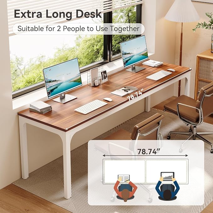LITTLE TREE 78.7-Inch Ultra Long Double Desk, Writing Gaming Work Computer Two-Person Desk for Home Office, Walnut + White