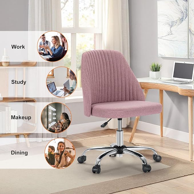 Sweetcrispy Armless Vanity Chair, Cute Comfy Home Office Desk Chair with Wheels, Modern Upholstered Task Computer Seat for Bedroom, Study, Makeup Vanity, Height Adjustable & Swivel Fit, Pink