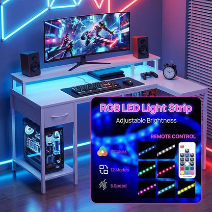 Alpen Computer Desk, L Shaped Desk for Gaming, Home Office Desk with LED Lights, Reversible Corner Desk with Shelves and Drawer, PC Desk for Living Room, Bedroom, 53 Inch, White