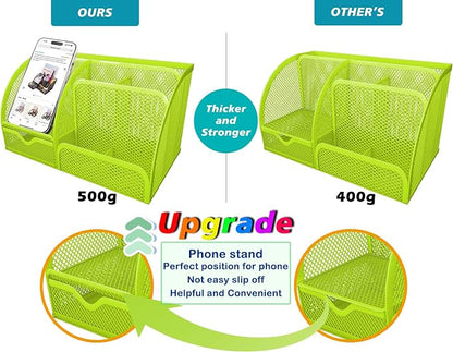 Boutilon Mesh Desk Organizer Desktop Office Supplies Stationary Organizer with 6 Compartments and 1 Drawer Multi-Functional Caddy Pen Holder for Home Office School Desk Decor(Fruit Green)