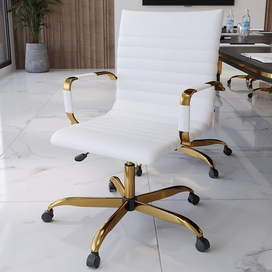 LeisureMod Harris Modern Ergonomic Executive Office Chair, High-Back Leather Conference Desk Chair with Adjustable Height, Tilt Control, 360° Swivel & Gold Frame for Home Office