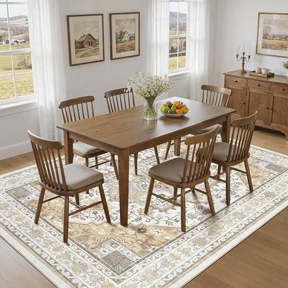 UERMEI 10x14 Area Rug for Living Room - Washable Vintage Carpet, Non-Slip Soft Large Indoor Floor Rugs for Bedroom Home Office & Under Dining Table Decor, Brown Beige