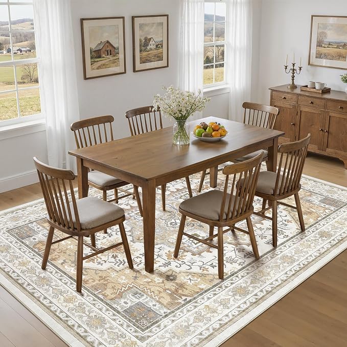 UERMEI 9x12 Area Rug for Living Room - Washable Vintage Carpet, Non-Slip Soft Large Indoor Floor Rugs for Bedroom Home Office & Under Dining Table Decor, Brown Beige