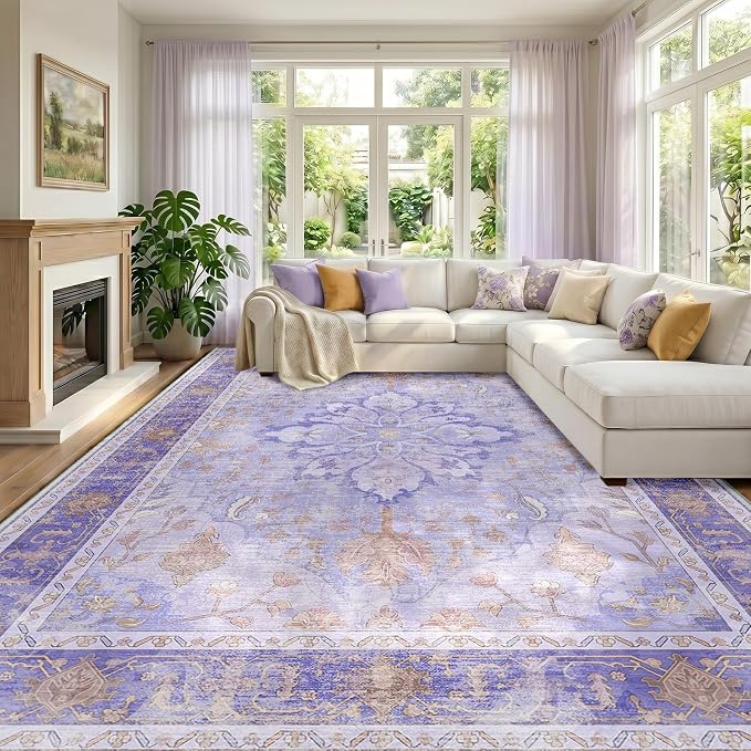 RELEANY Area Rugs Large 10'x14' Washable Non-Slip, Floral Vintage Distress Medallion Carpet for Living Room Bedroom Dining Room, Light Purple Brown