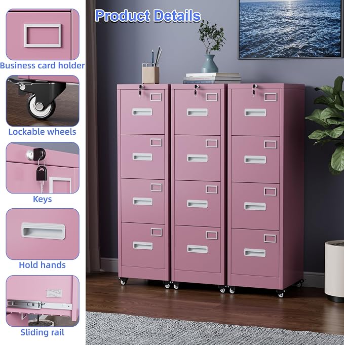 Aobabo 4 Drawer File Cabinet with Lock, Metal Vertical Filing Cabinet with Wheels, Anti-Tilt Interlock System, Locking Office Storage for Letter/Legal Files,Pink,Required Assembly