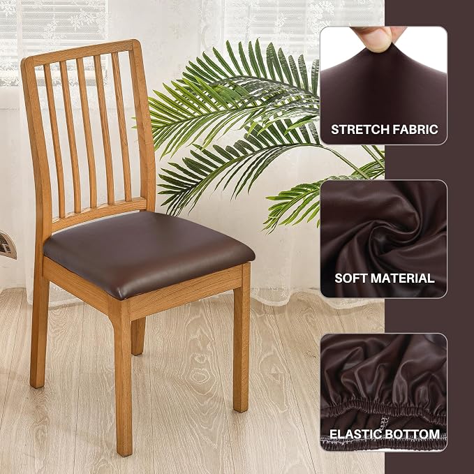 SearchI Waterproof PU Leather Seat Covers for Dining Chairs, 4 Pack Stretch Dining Room Chair Seat Covers, Kitchen Chair Seat Covers Protectors (Brown)