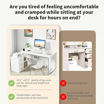 MaverickFurni 55" White Desk with Drawers and Shelves, Reversible L Shaped Desk with Monitor Stand, Home Office Desk with Storage for Work Writing Study, White