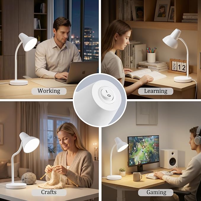 LED Desk Lamp with Flexible Gooseneck, Eye-Caring 4.5W Energy-Saving Study Lamps, Anti-tip Heavy Duty Bedside Reading Light, Desk Lamps for College Dorm Room, Home Office, Modern Lamp with 1.6m Cord