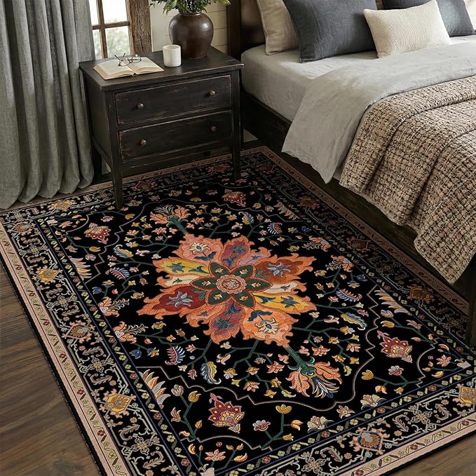 RELEANY Area Rugs 5'x8' Washable Non-Slip, Floral Vintage Distress Medallion Carpet for Living Room Bedroom Dining Room, Black Colorful Floral Dark Tan