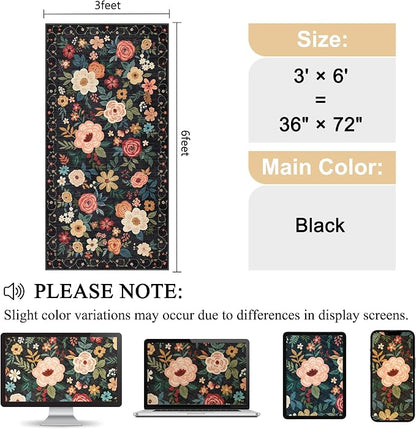 DUKINO 3x6 Runner Rug, Washable Soft Floral Hallway Runner Rug with Non Slip, Low Pile Thin Floor Carpet for Kitchen, Bathroom, Entryway, Laundry, Entryway, Black