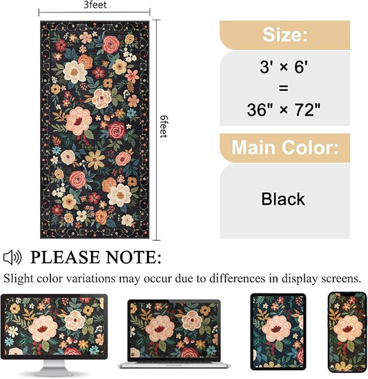 DUKINO 3x6 Runner Rug, Washable Soft Floral Hallway Runner Rug with Non Slip, Low Pile Thin Floor Carpet for Kitchen, Bathroom, Entryway, Laundry, Entryway, Black