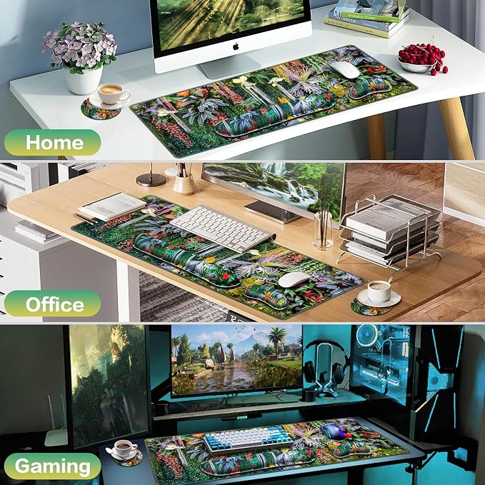 Desk Mat Floral, Large Gaming Mouse Pad with Wrist Rest, 4in1 XXL Mousepad+Keyboard Wrist Rest+Mouse Pad Wrist Support+Cup Coaster Set Ergonomic Computer Desk Arm Wrist for Decor Home Office Women