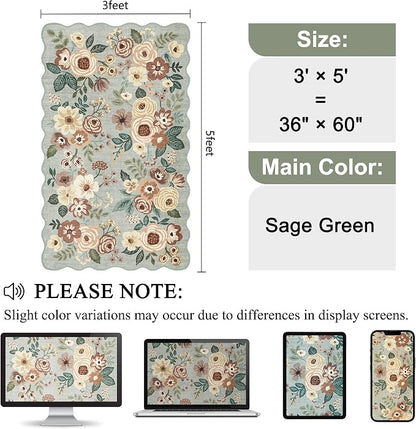 DUKINO 3x5 Area Rug, Floral Non-Slip Indoor Washable Rug with Low Pile & Non-Shedding, Lightwight Boho Design Carpet for Entryway, Bedroom, Kids Room, Living Room, Kitchen, Sage Green