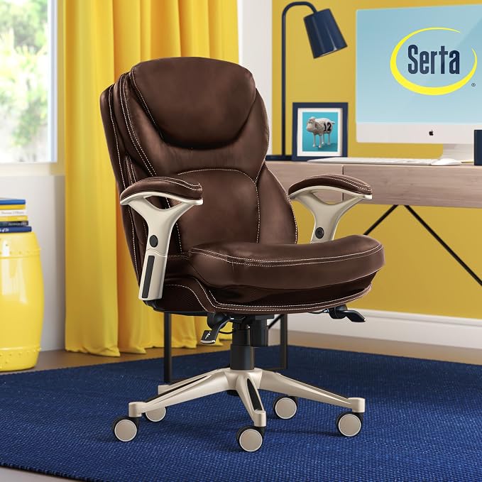 Serta Claremont Executive Office Chair with Back-In-Motion Technology, Ergonomic Mid-Back with Pivot Lumbar Support & Seat, Plush Cushion, Body Pillows, Adjustable Arms, Bonded Leather, Chestnut Brown