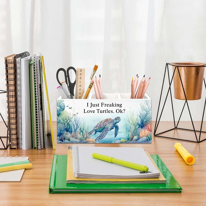 Turtle Pen Holder for Desk, Coastal Nautical Sea Animal Pencil Organizer, Turtle Gifts for Women, I Just Freaking Love Turtles Wooden Pen Holder Desk Accessories Decor for Home Office