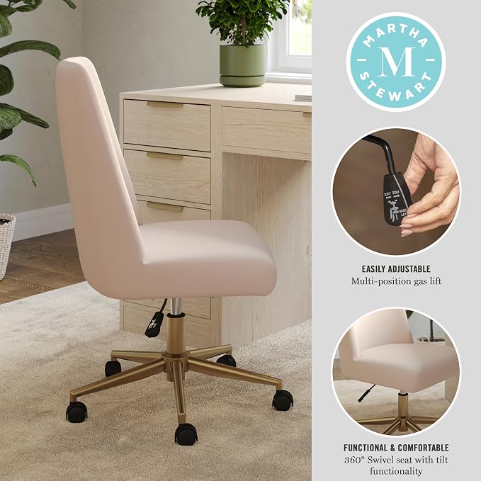 Martha Stewart Maeve Swivel Task Chair with Height Adjustable Seat for Home Office in Conch Shell Fabric with Polished Brass Frame