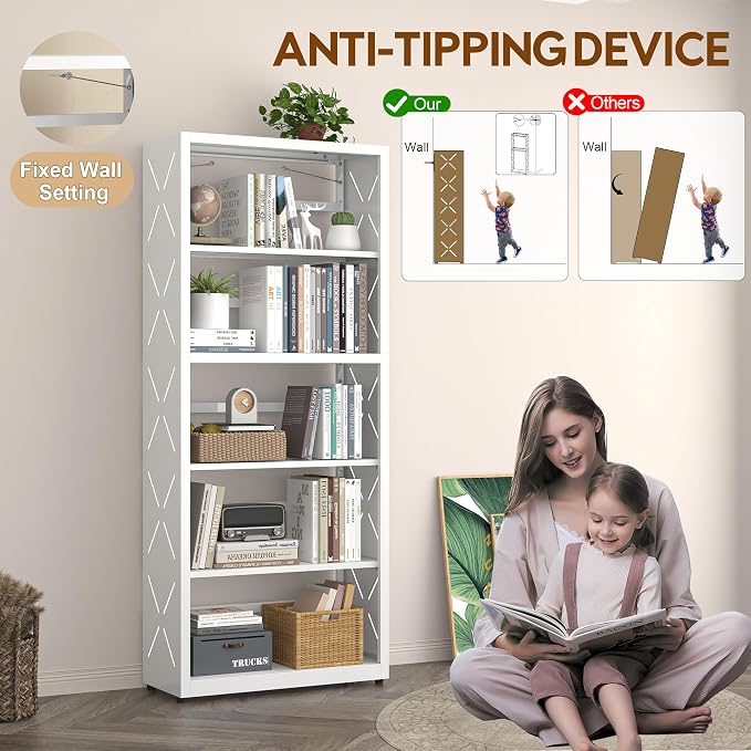 UNICOLY 5 Tier White Bookshelf, 55" H Tall Bookshelf with 5 Storage Shelves, Heavy Duty Deep Shelves, Open Shelf Bookcase with 5 Bookends, Modern Display Shelves for Books, Toys, CD, W23×D10“